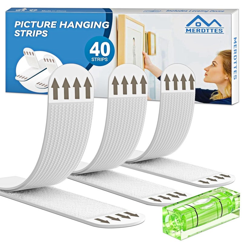 MERDTTES Heavy Duty Large Picture Hanging Strips, 20-Pairs (40 Packs) Adhesive Picture Hangers, No Damage Wall Hanger Without Nail, Poster Hanger Strips, Picture Hanging Hooks for Wall Decoration - Image 1
